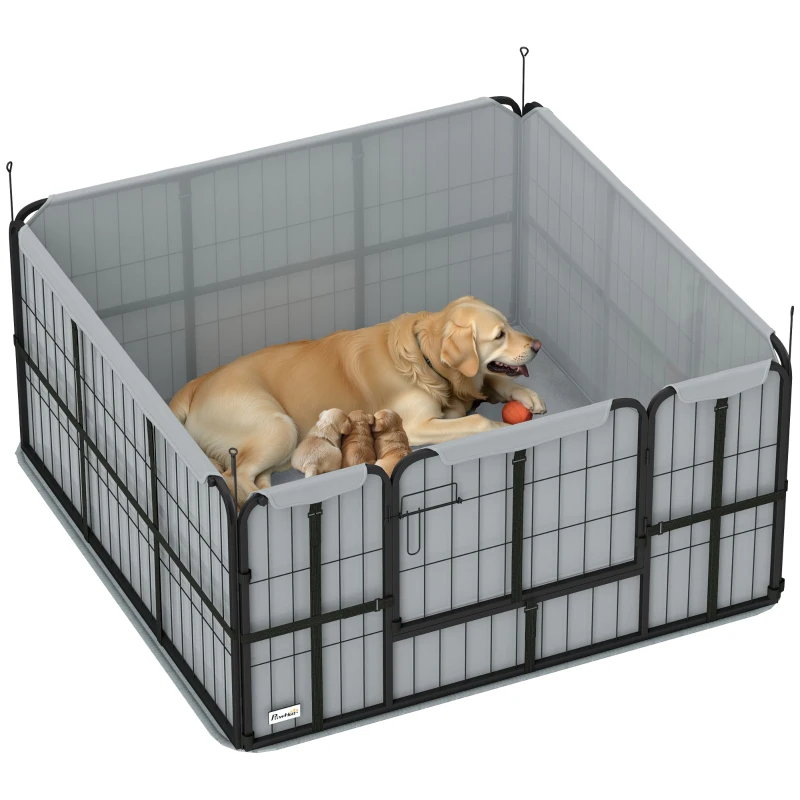 PawHut Steel Dog Whelping Box with Washable Whelping Pad, Wind-Resistant Cloth, for Small, Medium Dogs, 122 x 122 x 60cm