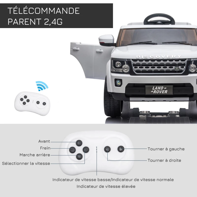 HOMCOM Voiture véhicule électrique Enfants 12 V - Télécommande parentale fournie - V. Max. 5 Km/h - Effets sonores, Lumineux - Land Rover Discovery HSE Blanc