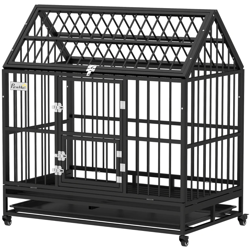 PawHut 48" Heavy Duty Dog Crate on Wheels, with Removable Tray, Openable Top, for L, XL Dogs - Black