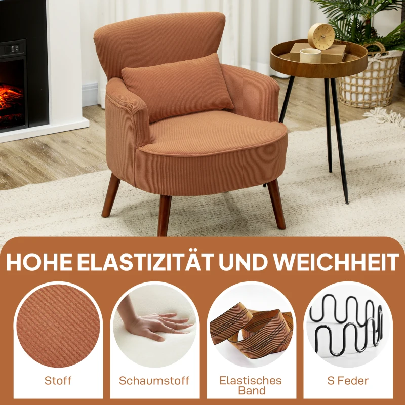 HOMCOM Moderner Armlehnstuhl, Gepolsterter Akzentstuhl mit Lendenkissen, Kautschukholzbeinen, Orange