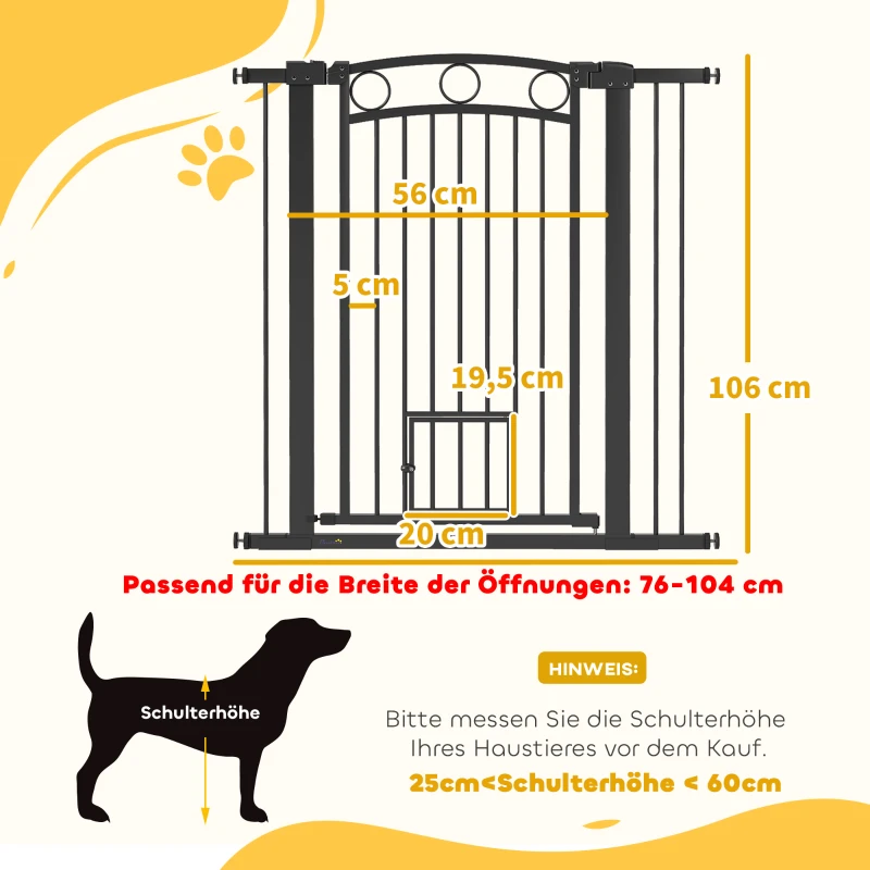 PawHut 106 cm hohes Haustiergitter mit anpassbarer Breite, integrierte Katzentür, für Treppen und Türrahmen, Schwarz