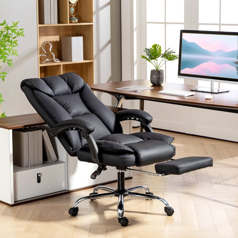 HOMCOM Silla de Oficina Reclinable a 155° con Reposapiés, Doble Acolchado y Revestimiento en Piel Sintética, Negro
