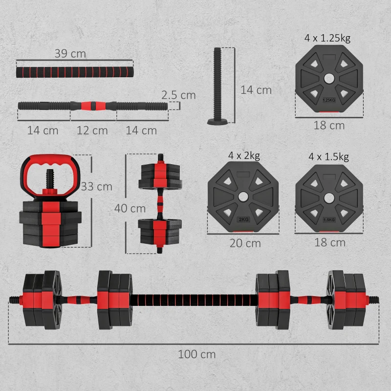 SPORTNOW 4-in-1 Adjustable Weight Dumbbells Set, Used as Kettlebell, Barbell, Dumbbell, Push-Up Stand, 20kg Free Weights Set for Men and Women Home Gym Training, Red