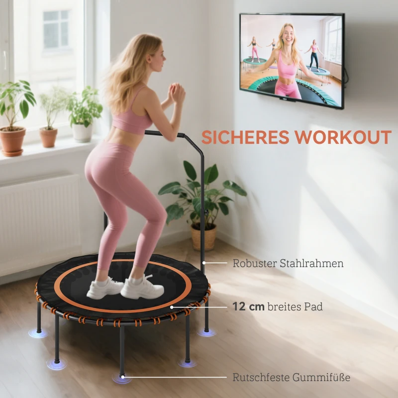 SPORTNOW Fitness-Trampolin mit verstellbarem Handlauf, Sport-Trampolin für drinnen und draußen, Stahl, Kunststoff, Orange