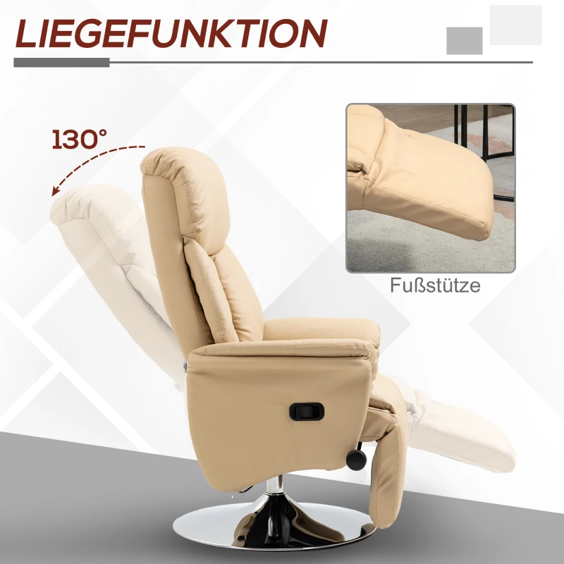 HOMCOM Relaxsessel, Liegefunktion, Lederoptik, Fußstütze, bis 150 kg, 78 x 80 x 109 cm, Beige(m-4)