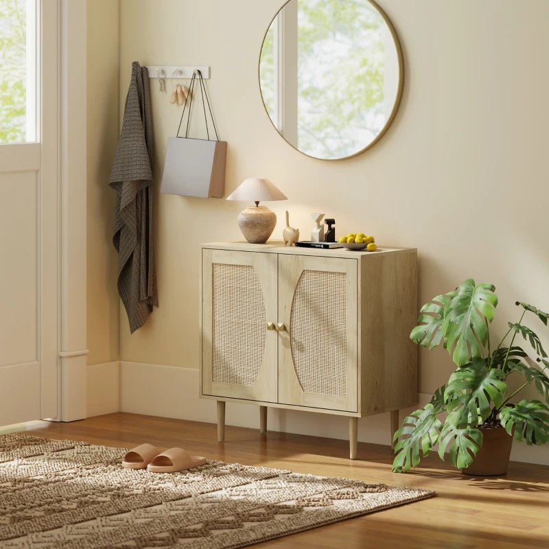 HOMCOM Kitchen sideboard double-door storage cabinet with 2 levels, cane front 80 x 38 x 79 cm natural wood effect