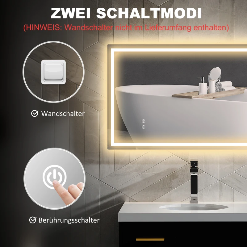 HOMCOM LED-Badezimmerspiegel, einstellbare Helligkeit, Antibeschlag-Funktion, wasserfest