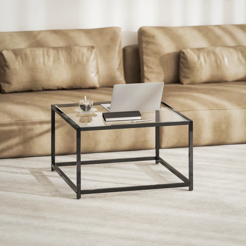 HOMCOM Beistelltisch Quadratisch Nachttisch mit Hartglas-Tischplatte, Couchtisch mit Beinen aus Stahl 68 x 68 x 39 cm Schwarz