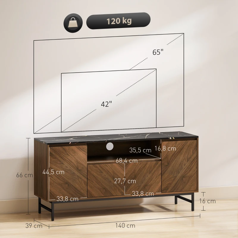 HOMCOM Meuble TV jusqu'à 65 pouces meuble télé bois avec compartiment ouvert et passe-câbles, effet marbre, 140x39x66cm, noyer