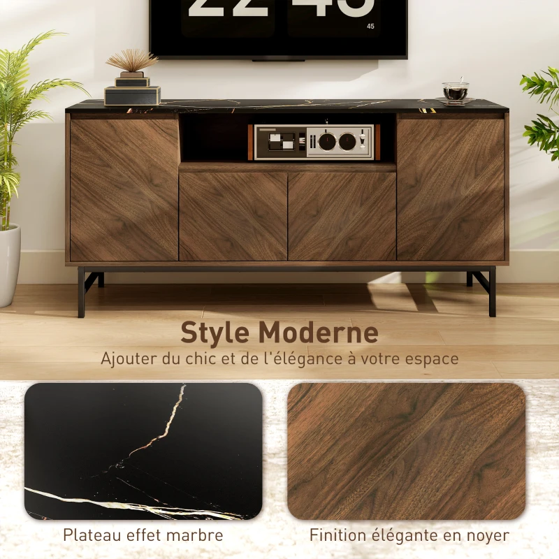 HOMCOM Meuble TV jusqu'à 65 pouces meuble télé bois avec compartiment ouvert et passe-câbles, effet marbre, 140x39x66cm, noyer