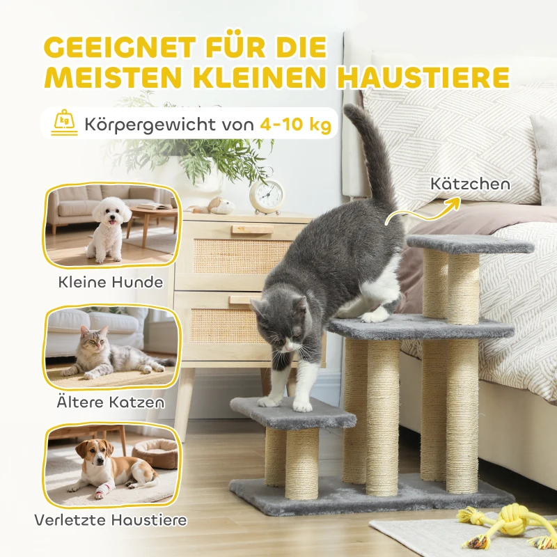 PawHut Hundetreppe 3 Stufen 54 cm Hoch Haustiertreppe für Kleine Hunde Katzentreppe mit Sisal Kratzbäumen, Spielball