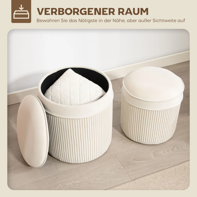 HOMCOM 2er Set Sitzhocker mit Stauraum Hocker mit Deckel, Runder Fußhocker mit Samtoptik 36 x 36 x 41,5 cm Cremeweiß