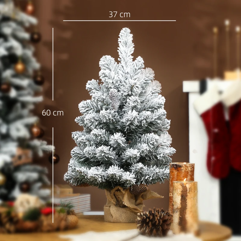 HOMCOM Mini Künstlicher Weihnachtsbaum 60 cm Tannenbaum künstlich mit Schnee, 72 Spitzen 6 Tannenzapfen Zementbasis
