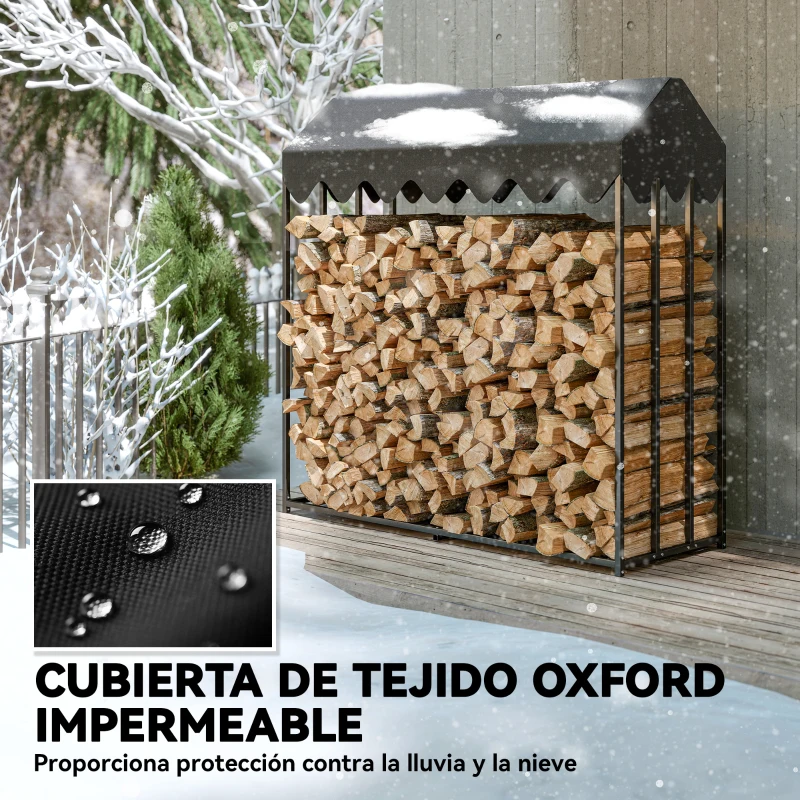 Outsunny Leñero Exterior Metálico de Chimenea Soporte para Leña con Cubierta Impermeable Carga 300 kg 186x70x185 cm Negro