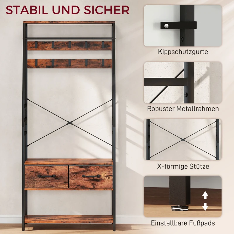 HOMCOM Garderobe mit Schuhregal, Mantelständer mit Sitzbank, 10 Haken, 2 Stoffschubladen, Kleiderstange, Spanplatte, Metall, Braun