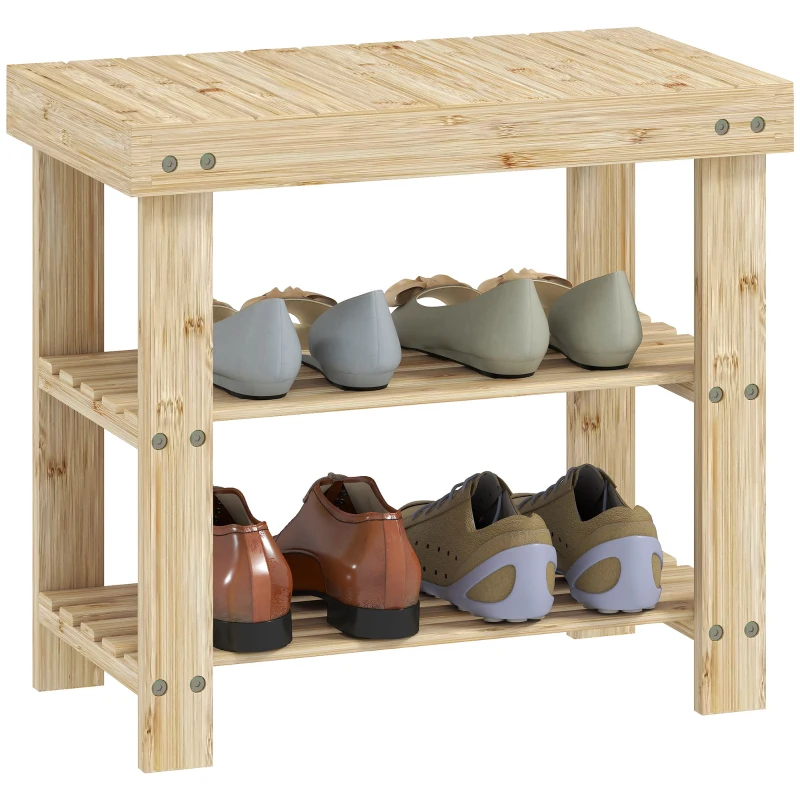 HOMCOM Two Shelf Bamboo Shoe Storage Bench - Natural Finish