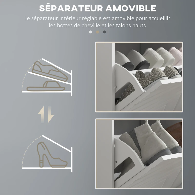 HOMCOM Banc à chaussures, banc de rangement, assise rembourrée, tiroir rabattable, porte avec motif 106 x 24 x 52,5 cm, blanc