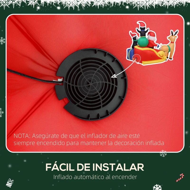 Outsunny Papá Noel Hinchable con Trineo Pingüinos y Renos Luces LED Decoración de Navidad para Exterior e Interior 180x120x155 cm
