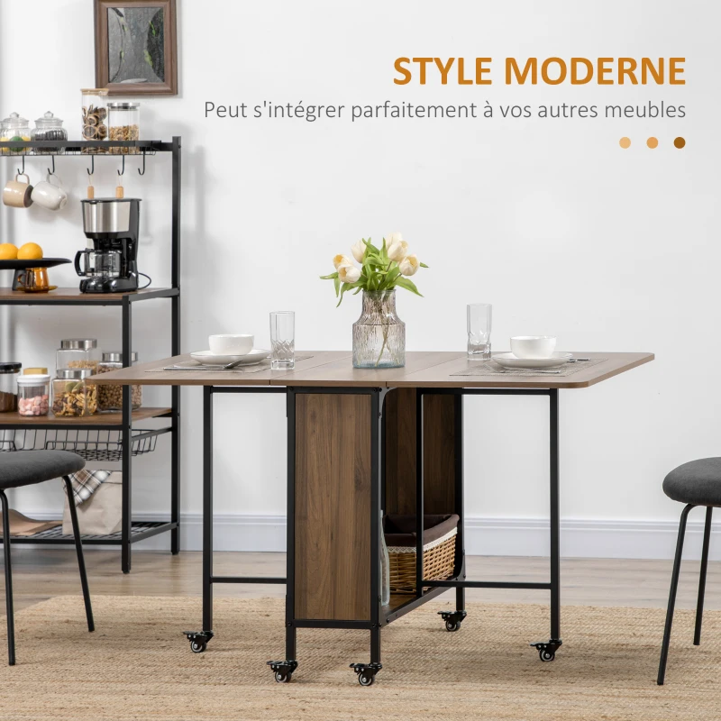 HOMCOM Table à manger pliante sur roulettes, table de cuisine pour 6 personnes avec étagère intégrée, 130 x 80 x 74 cm, marron