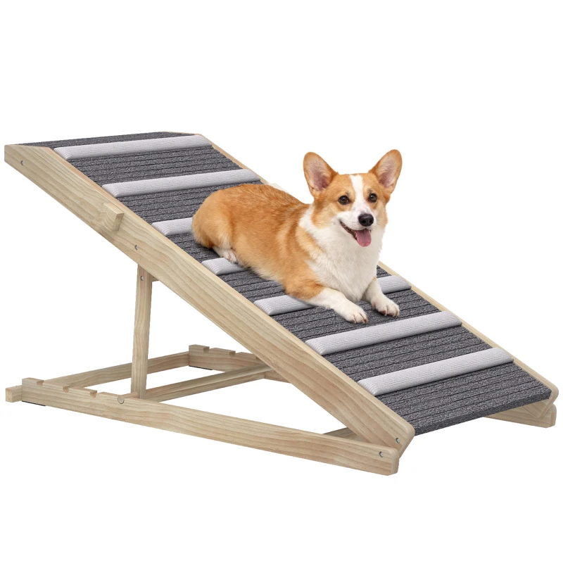 PawHut Klappbare Hunderampe, höhenverstellbar 35-50 cm, Holz-Haustierrampe mit rutschfester Matte