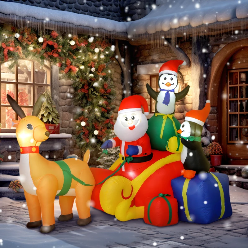 Outsunny Papá Noel Hinchable con Trineo Pingüinos y Renos Luces LED Decoración de Navidad para Exterior e Interior 180x120x155 cm