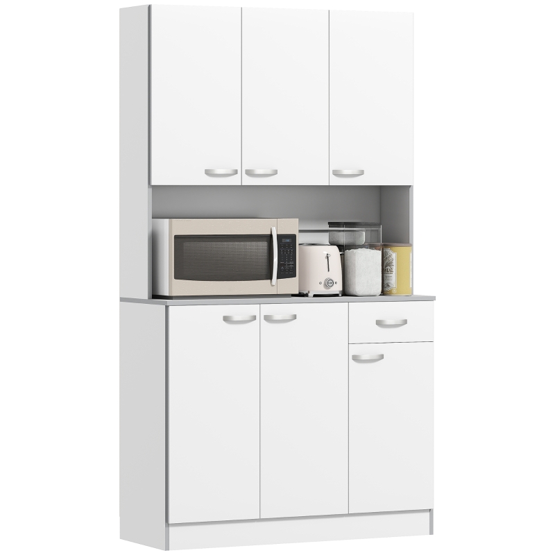 HOMCOM Buffet de cuisine armoire de cuisine contemporaine multi-rangements 6 portes 1 tiroir + grand plateau dim. 101L x 39l x 180H cm panneaux particules blanc gris