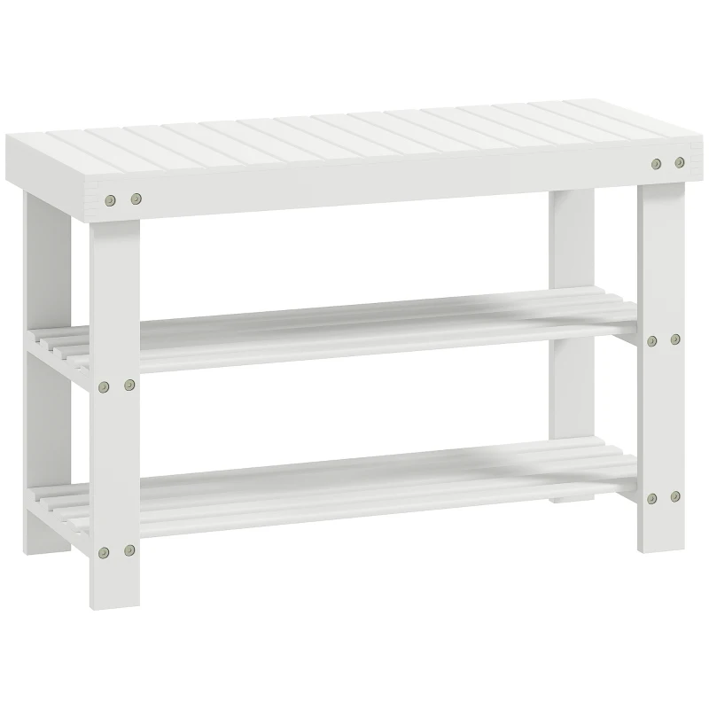 HOMCOM Two Shelf Bamboo Shoe Storage Bench - White