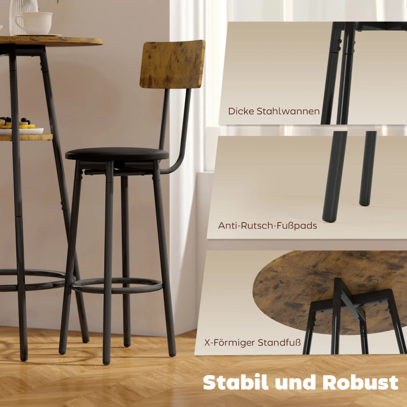 HOMCOM 3-teiliges Bartisch-Set mit 2 gepolsterten Hockern, Kunstleder-Bezug, Rückenlehne, Metallgestell, Braun(m-6)