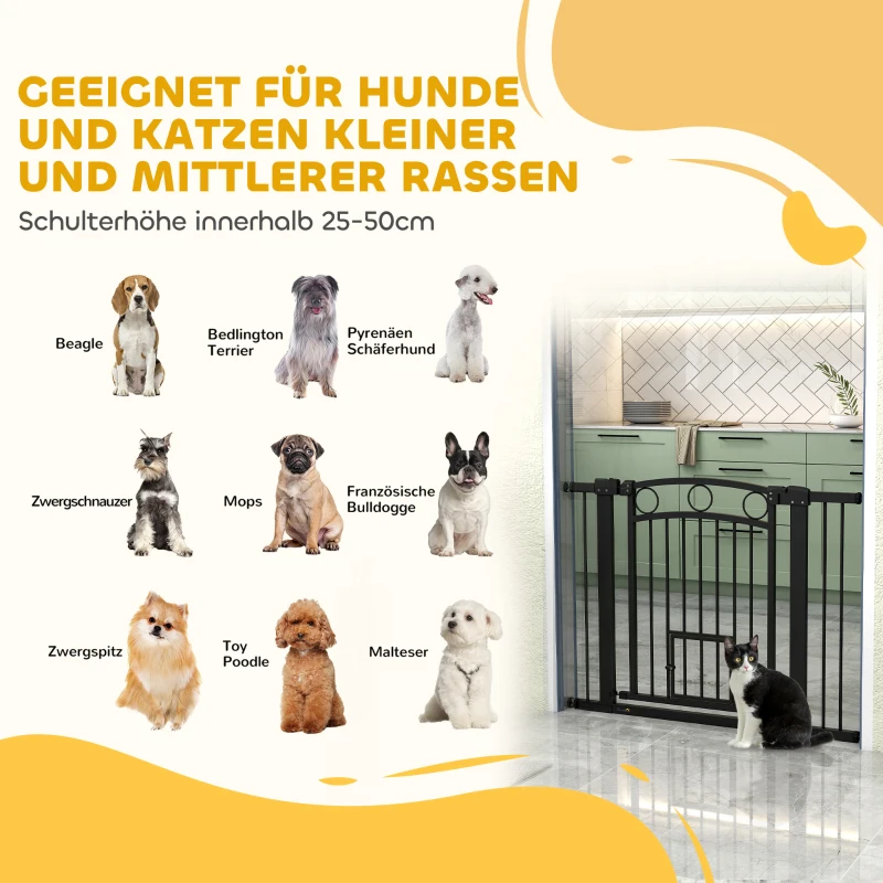 PawHut Haustiertor, 77 cm Treppengatter, verstellbare Breite 76-104 cm, mit Katzentür, für Treppen und Türöffnungen, Schwarz