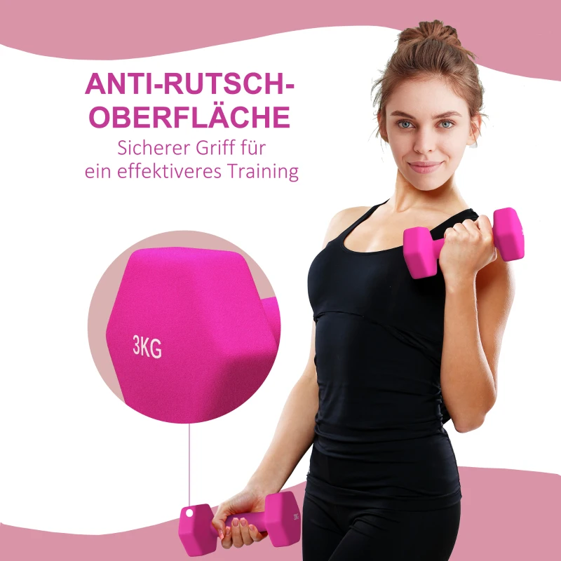 SPORTNOW 2 x 3 kg Kurzhantel-Set, sechseckiges Design, bodenfreundlich, rutschfest, Rosa