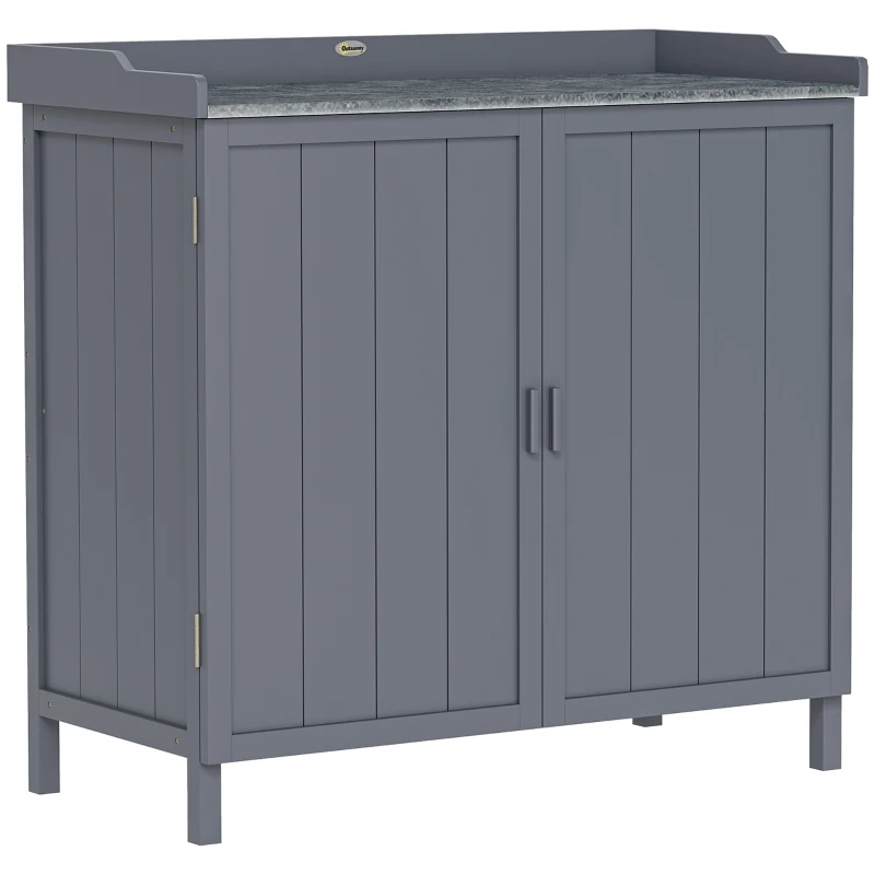 Outsunny Wood Garden Storage Cabinet, Outdoor Tool Shed, Potting Bench Table with Galvanized Top and Two Shelves for Yard Tools or Pool Accessories, Grey