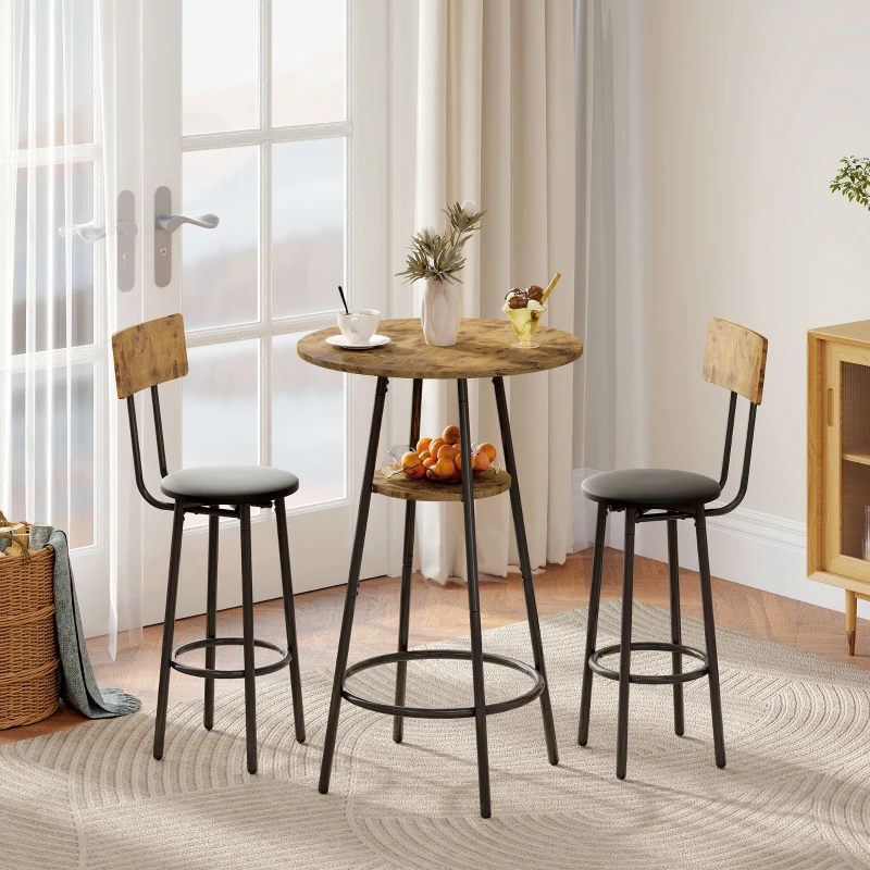 HOMCOM 3-teiliges Bartisch-Set mit 2 gepolsterten Hockern, Kunstleder-Bezug, Rückenlehne, Metallgestell, Braun(m-7)