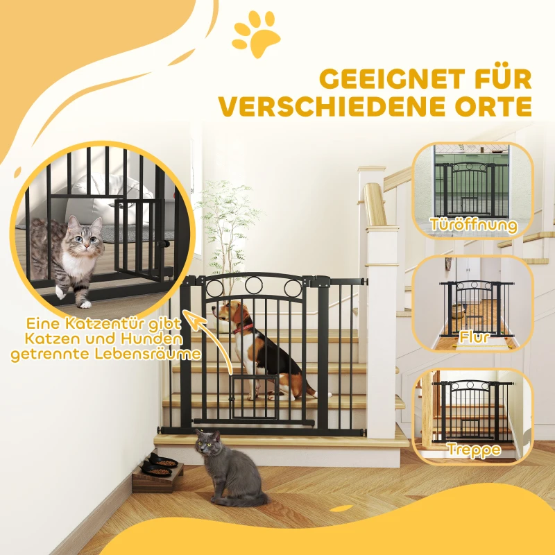 PawHut Haustiertor, 77 cm Treppengatter, verstellbare Breite 76-104 cm, mit Katzentür, für Treppen und Türöffnungen, Schwarz