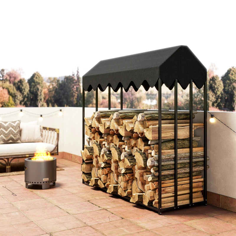 Outsunny Leñero Exterior Metálico de Chimenea Soporte para Leña con Cubierta Impermeable Carga 300 kg 186x70x185 cm Negro