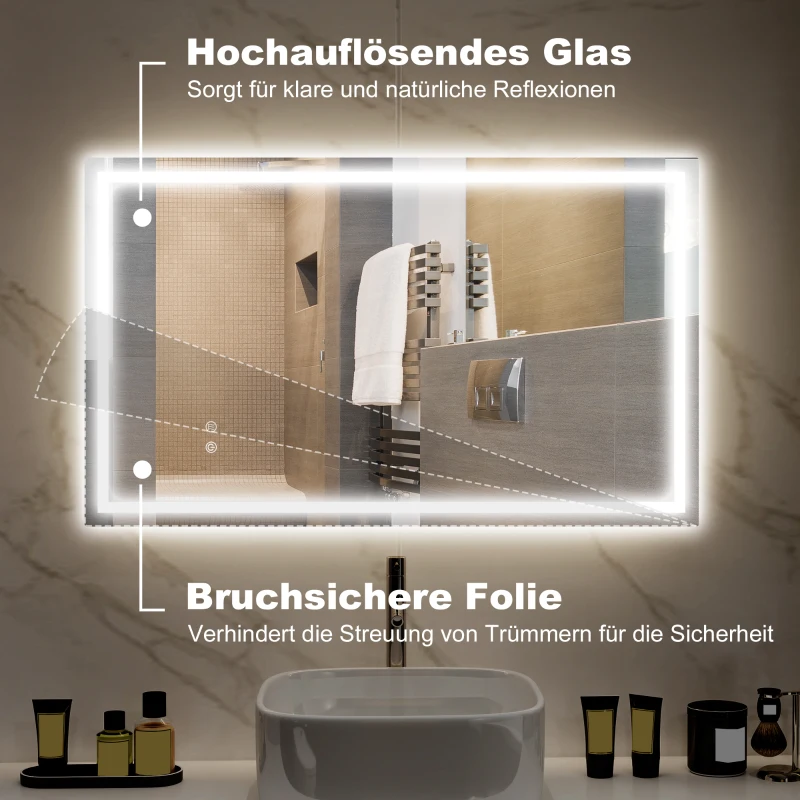 HOMCOM LED-Badezimmerspiegel, einstellbare Helligkeit, Antibeschlag-Funktion, wasserfest