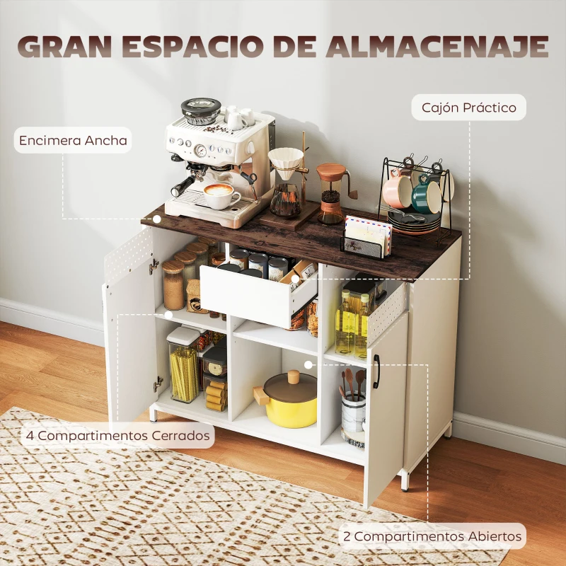 HOMCOM Aparador para Salón con 2 Puertas con Orificios Cajón Compartimentos Abiertos Estantes Ajustables 100x40x80 cm Blanco