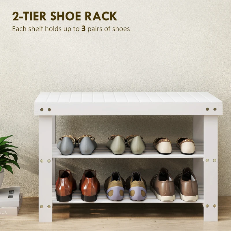 HOMCOM Two Shelf Bamboo Shoe Storage Bench - White