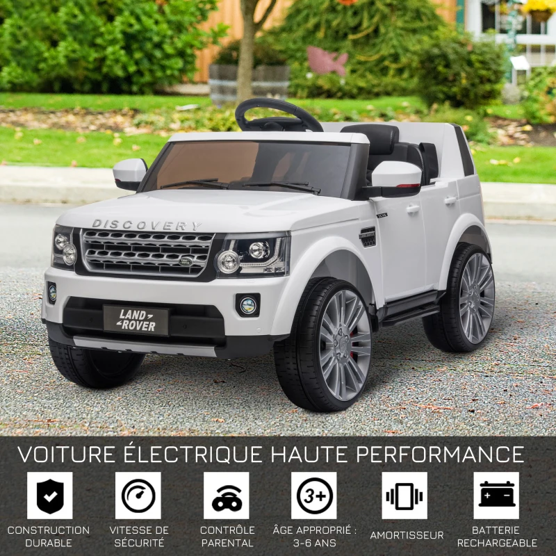 HOMCOM Voiture véhicule électrique Enfants 12 V - Télécommande parentale fournie - V. Max. 5 Km/h - Effets sonores, Lumineux - Land Rover Discovery HSE Blanc