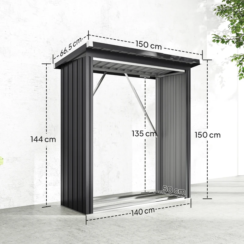Outsunny Brennholzschuppen, Feuerholzunterstand, Stahl, erhöhter Boden, Schrägdach, 150 x 66,5 x 150 cm, Dunkelgrau(m-3)