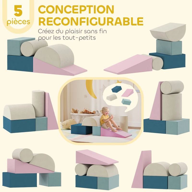 AIYAPLAY Parcours motricité bébé jouet d'escalade modulable 5 pièces housse lavable en velours 61 x 40,6 x 60 cm multicolore