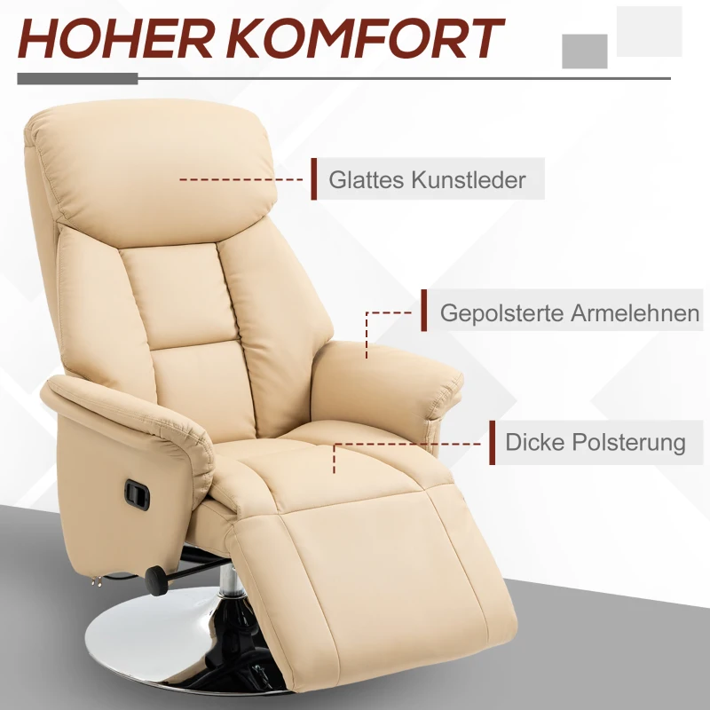 HOMCOM Relaxsessel, Liegefunktion, Lederoptik, Fußstütze, bis 150 kg, 78 x 80 x 109 cm, Beige(m-6)
