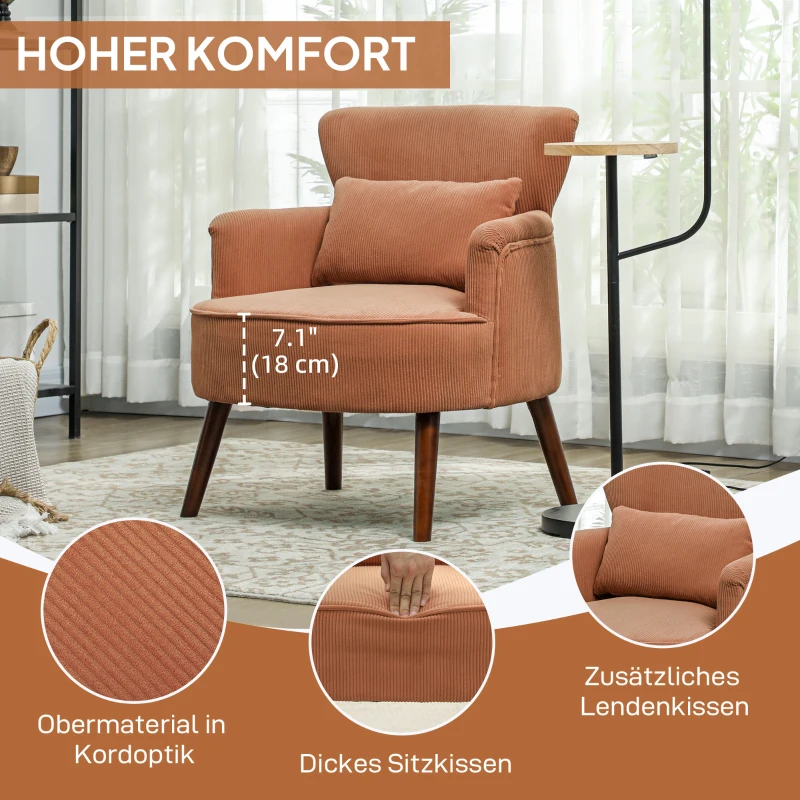 HOMCOM Moderner Armlehnstuhl, Gepolsterter Akzentstuhl mit Lendenkissen, Kautschukholzbeinen, Orange