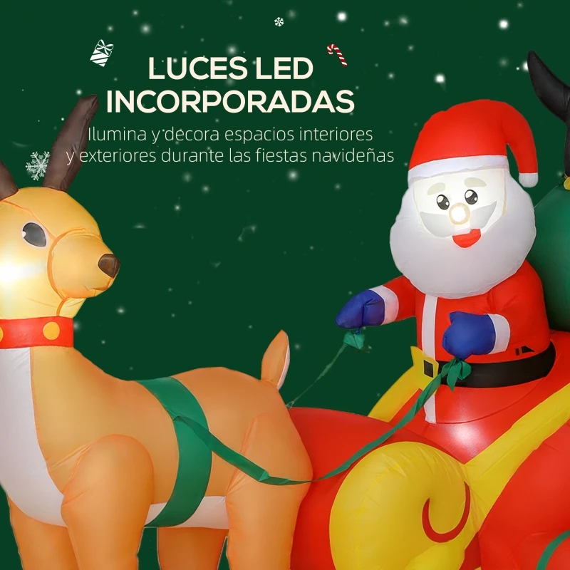 Outsunny Papá Noel Hinchable con Trineo Pingüinos y Renos Luces LED Decoración de Navidad para Exterior e Interior 180x120x155 cm