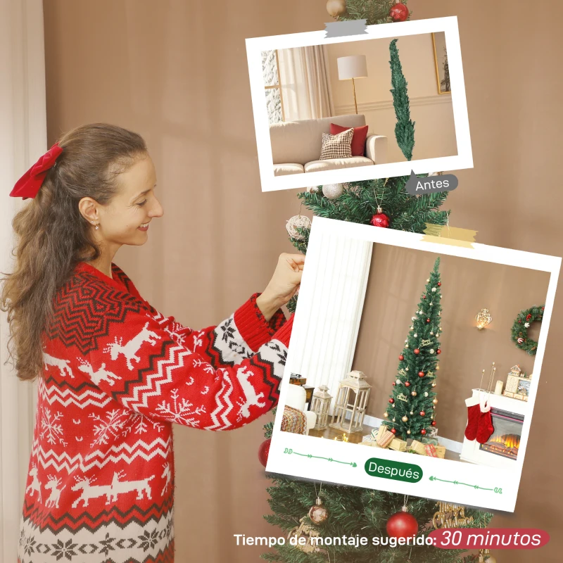 HOMCOM Árbol de Navidad Estrecho 210 cm con 401 Ramas Soporte Metálico Fácil de Montar para Interior Verde