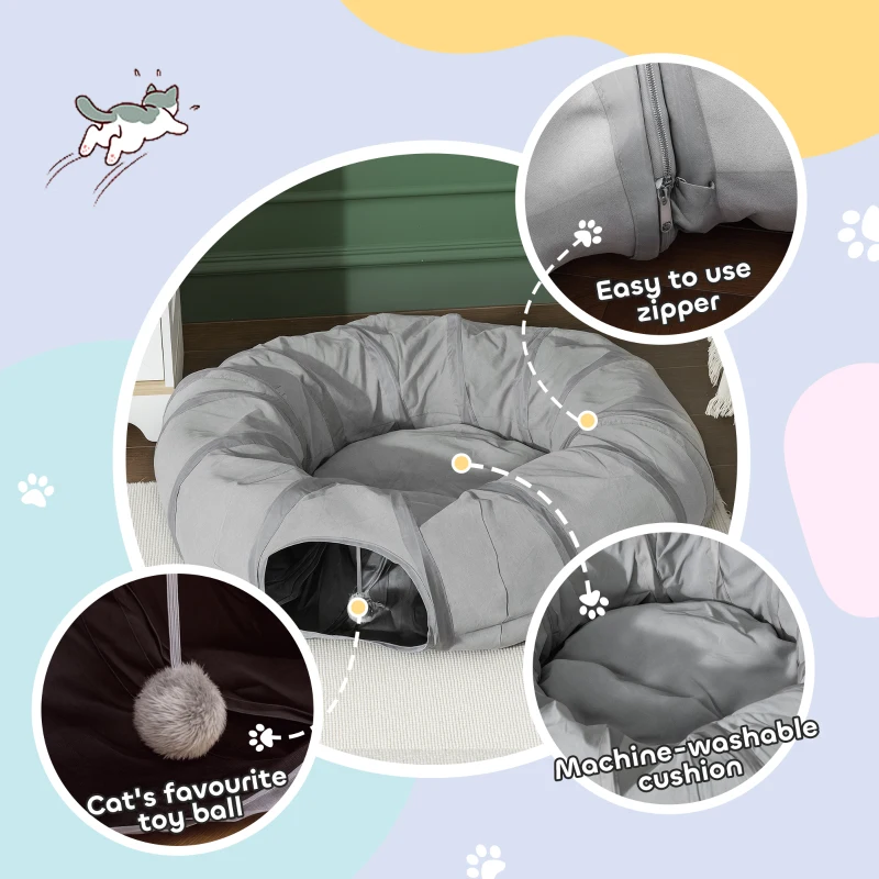 PawHut 2 in 1 Cat Tunnel with Bed, Cat Play Tunnel with Ball & Peek Hole for Indoor Cats, Grey