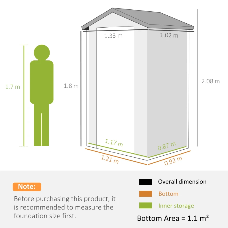 Outsunny 4.4ft x 3.3ft size Aluminium Frame and Plastic Wall Shed, with Foundation - Grey