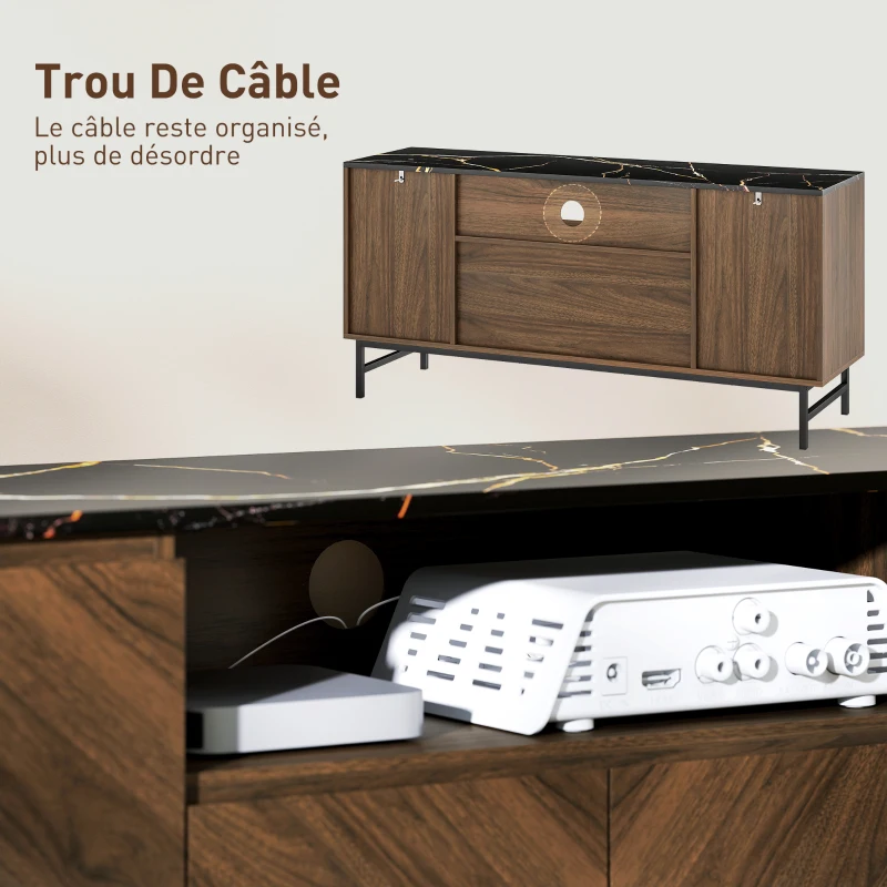 HOMCOM Meuble TV jusqu'à 65 pouces meuble télé bois avec compartiment ouvert et passe-câbles, effet marbre, 140x39x66cm, noyer