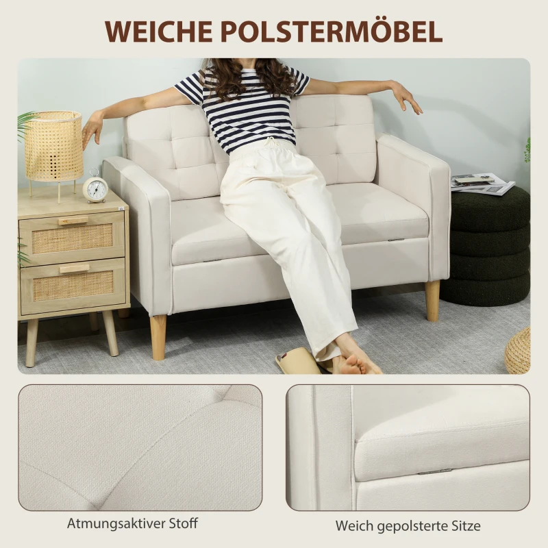 HOMCOM Zweisitzer-Sofa mit Stauraum, Knopfheftung, Kissen, Kautschukbaumholz, 117x62x78cm, Cremeweiß(m-5)