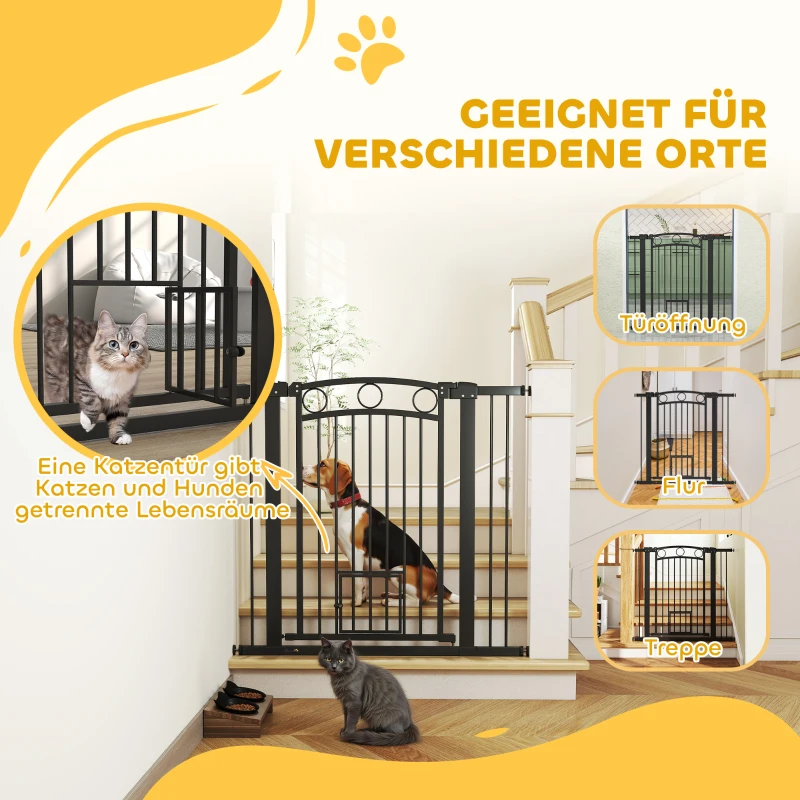 PawHut Haustiertor, 96 cm Treppengatter, verstellbare Breite 76-104 cm, mit Katzentür, für Treppen und Türöffnungen, Schwarz