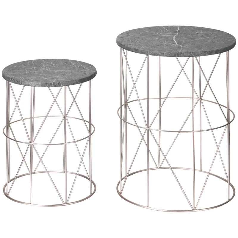 Outsunny 2er-Set Beistelltisch Stapelbar Gartentisch in Marmor Optik Balkontisch aus Metall, runder Kaffeetisch 50kg belastbar, Ø38x52,5 cm Sofatisch für Outdoor Indoor Balkon Rose+Gold+Grau